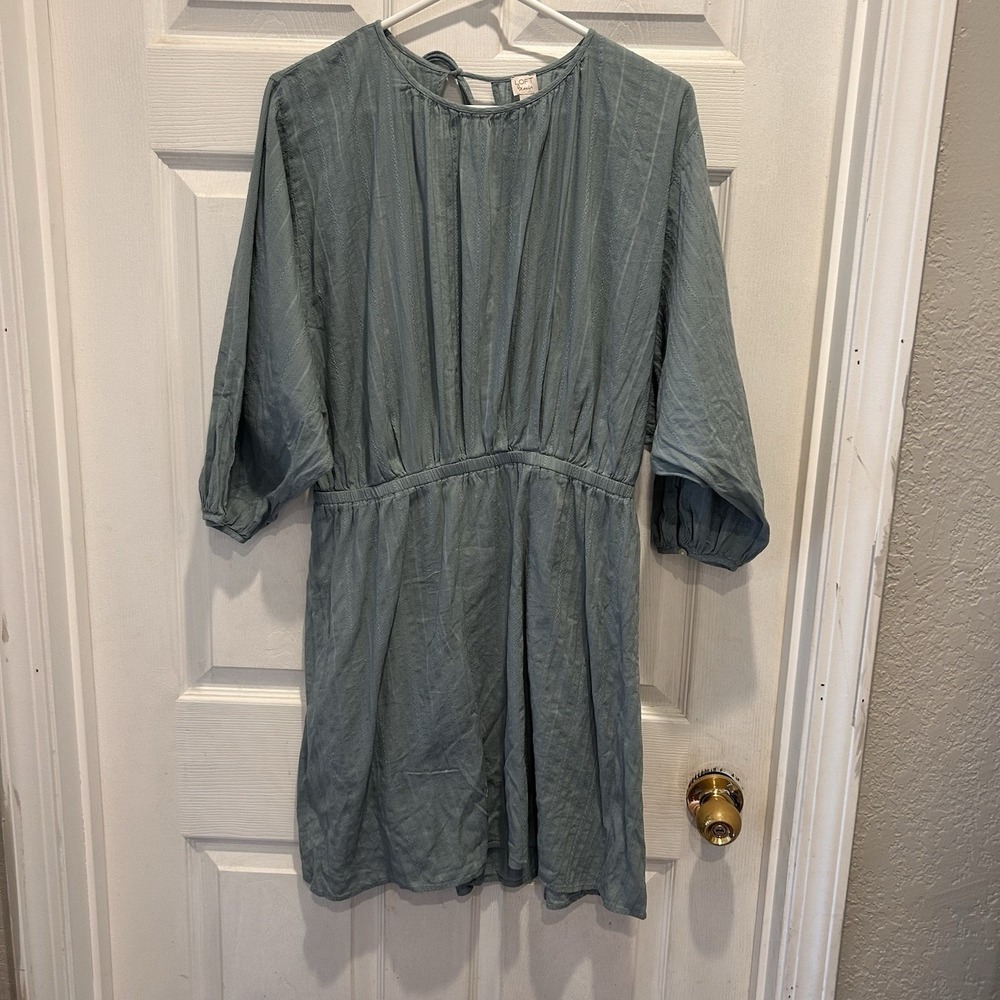 Loft Beach Women Blue Textured Open Back‎ Mini Dress Size L Cotton Boho Coastal